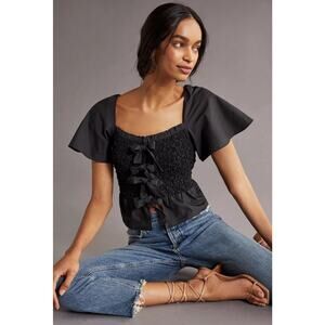 Anthropologie Mare Mare Womens Small Black Smocked Ruffle Short Sleeve Blouse